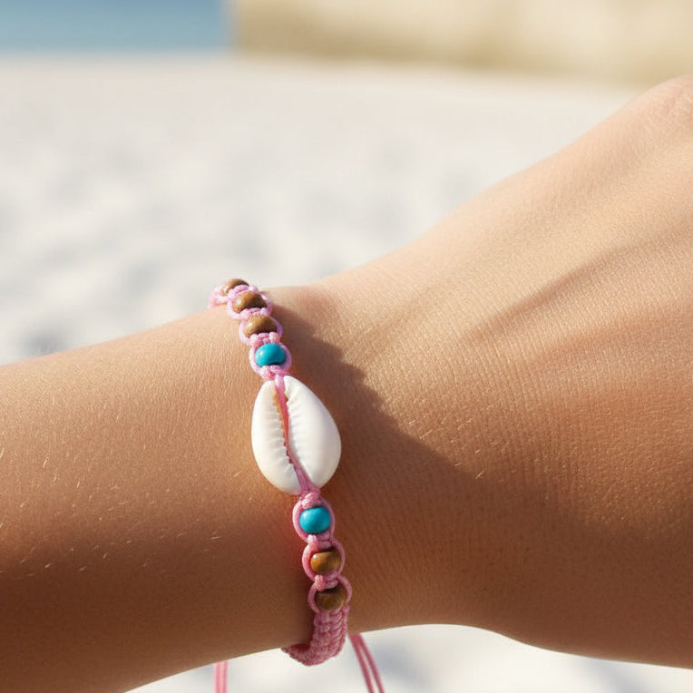 Natural Cowrie Shell Anklet or Bracelet | Pink Braided Cord | Adjustable Boho
