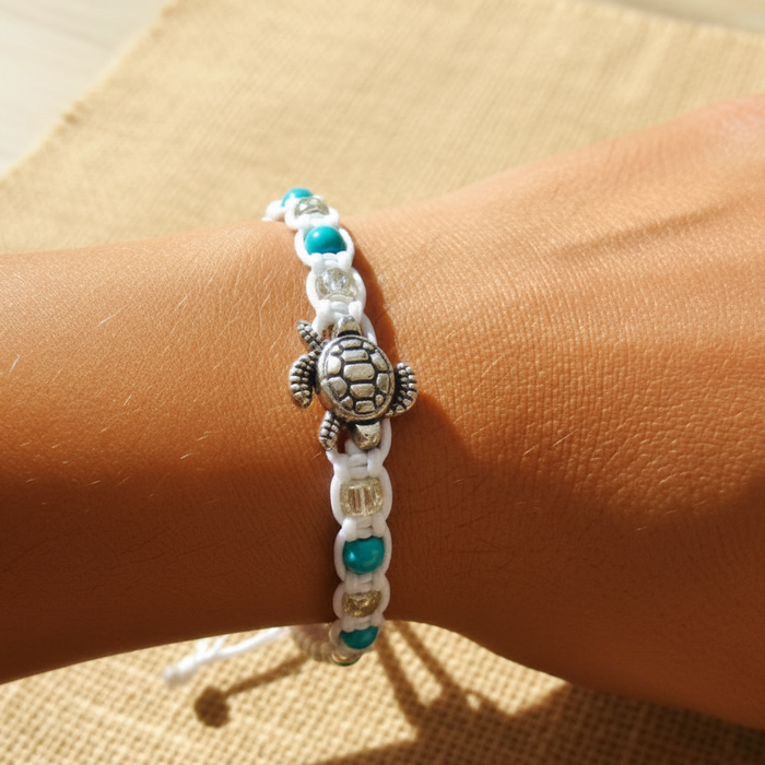 White Sea Turtle Surfer Anklet | Boho Beach Cord Bracelet
