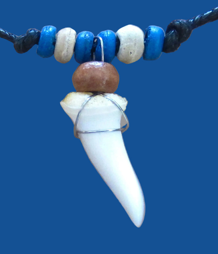 Real Mako Shark Tooth Necklace: Blue Wood Beads, view 3