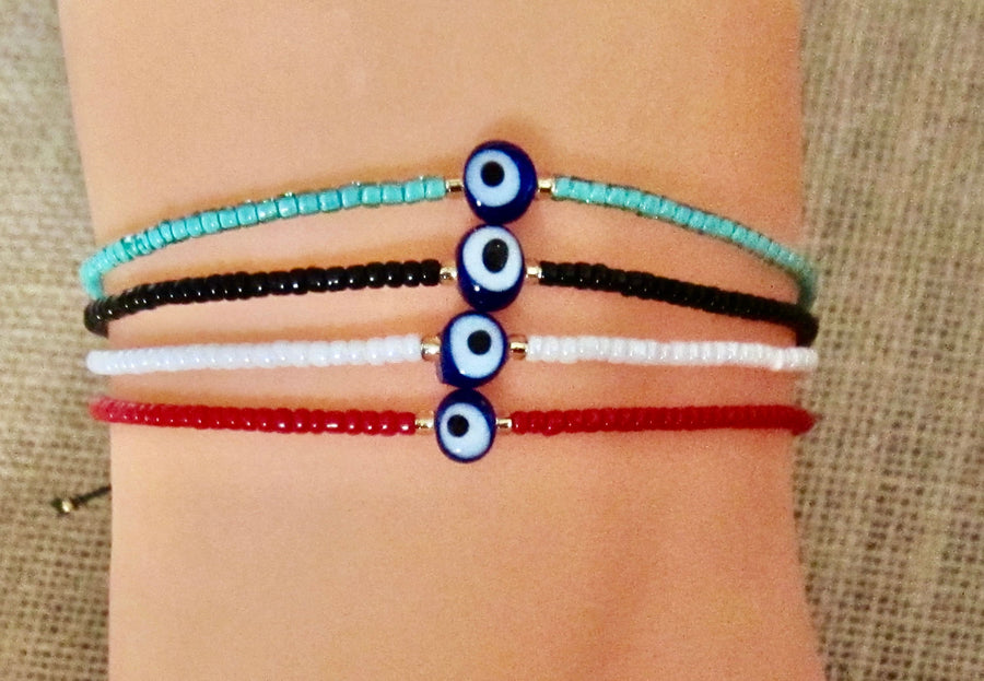 Evil Eye Bracelet Black Cord Adjustable Cord Wristband Good Luck Charm Protection Mens Womens in Blue