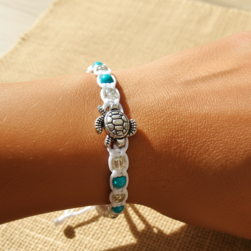 White Sea Turtle Surfer Anklet | Boho Beach Cord Bracelet