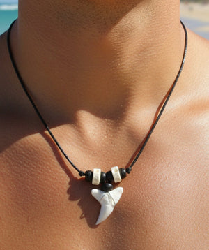 Large Shark Tooth Surfer Necklace | Black Cord | Beach Mens
