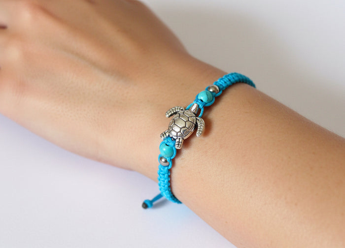 Blue Braided Cord Turtle Bracelet - Hemp Anklet