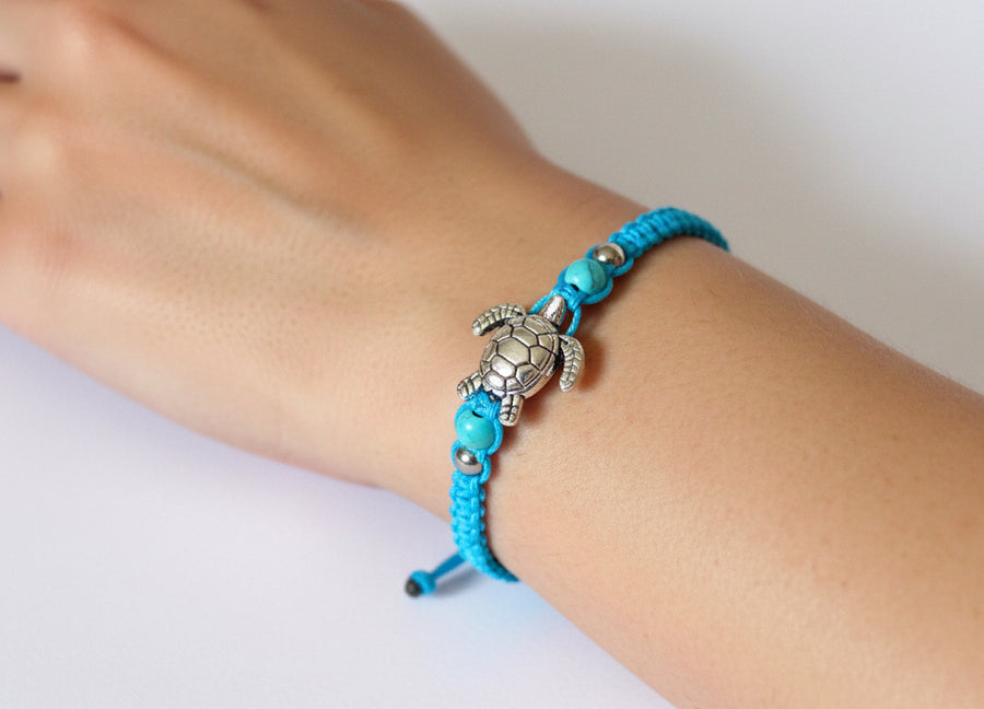 Blue Braided Cord Turtle Bracelet - Hemp Anklet