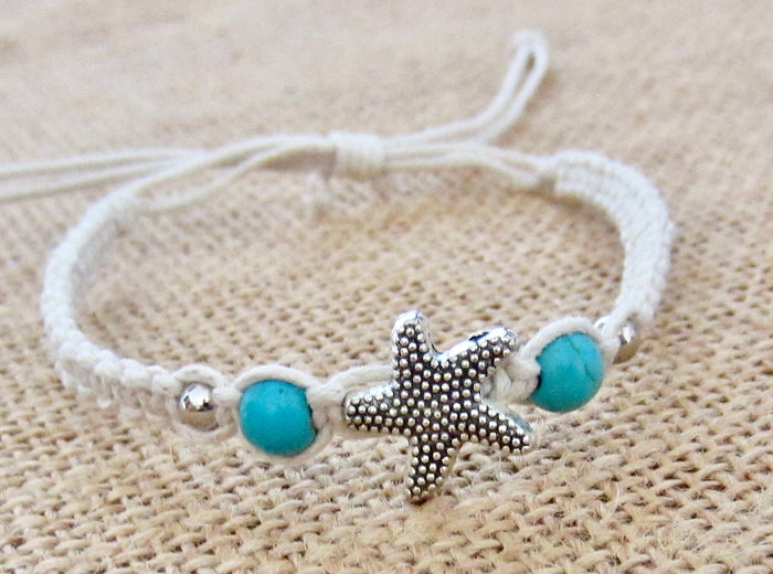 Braided Bracelet Starfish Charm Beige Cord Hemp Wristband Adjustable Anklet Friendship Girl Boy Womens