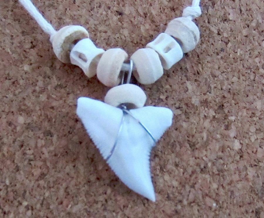 Real Shark Teeth Necklace Beige Cord Wood Beads Surfer Boy Girl Womens Mens