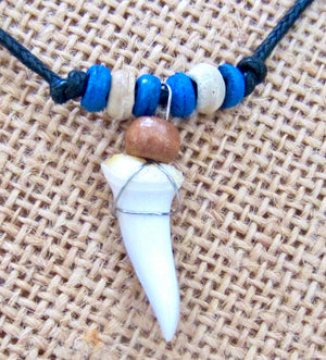 Real Mako Shark Tooth Necklace: Blue Wood Beads