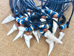 Real Mako Shark Tooth Necklace: Blue Wood Beads, view 2