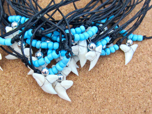 Tiger Shark Tooth Necklace: Blue Seed Beads, view 4