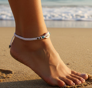 Shell Anklet Bracelet: White Braided Cord with Wood Beads, view 3
