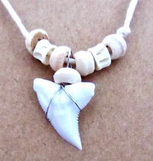 Real Shark Teeth Necklace Beige Cord Wood Beads Surfer Boy Girl Womens Mens, view 2