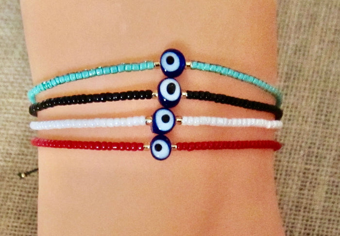 Evil Eye Bracelet Black Cord Adjustable Cord Wristband Good Luck Charm Protection Mens Womens in Blue