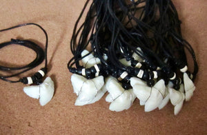 Large Shark Tooth Necklace White Teeth Black Wood Beads Surfer Boho Mens Boy's, view 3