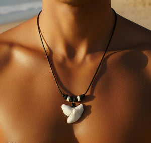 Large Shark Tooth Necklace White Teeth Black Wood Beads Surfer Boho Mens Boy's