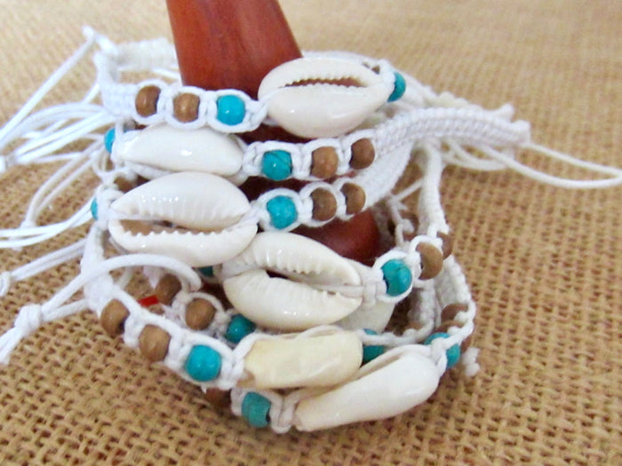 Shell Anklet Bracelet: White Braided Cord with Wood Beads