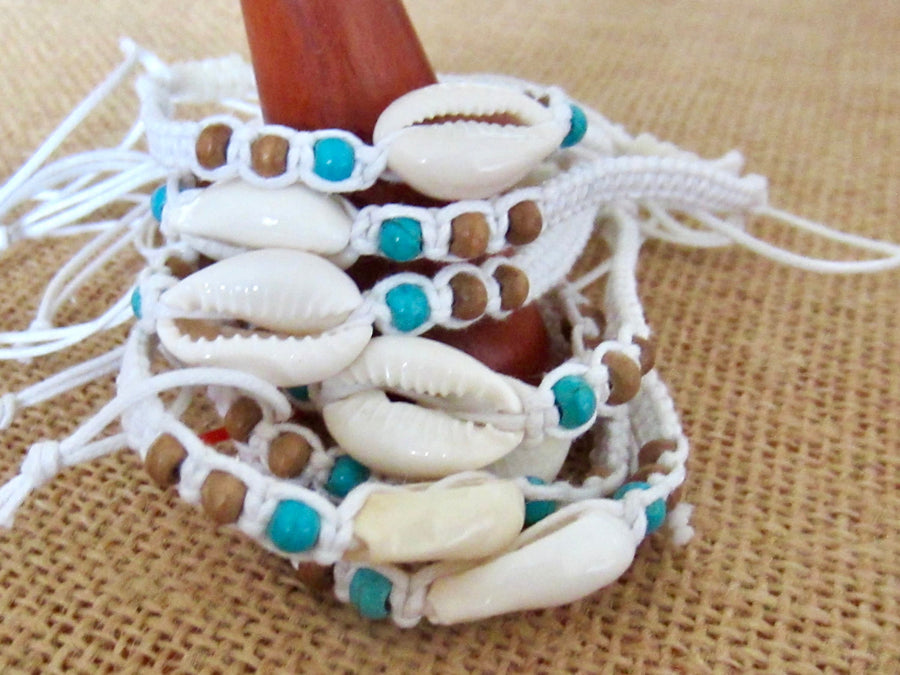 Shell Anklet Bracelet: White Braided Cord with Wood Beads