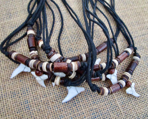 Real Shark Tooth Necklace Charm Pendant Adjustable Cord Brown Wood Beads Surfer Boy Men, view 3
