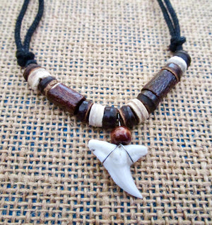 Real Shark Tooth Necklace Charm Pendant Adjustable Cord Brown Wood Beads Surfer Boy Men