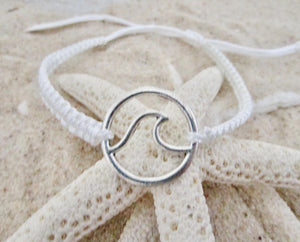 Wave Bracelet adjustable white cotton cord hemp slide anklet beach boho surfer style, view 4