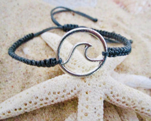 Wave Bracelet Grey Cord Hemp Charm Adjustable Size Wristband Friendship Band Macrame, view 4
