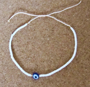 Evil Eye Bracelet Anklet White Beaded Adjustable Cord Protection Gift for Her Boho Summer Beach Spiritual Nazar