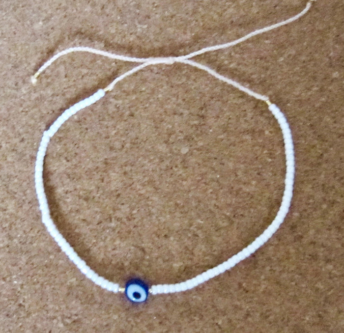 Evil Eye Bracelet Anklet White Beaded Adjustable Cord Protection Gift for Her Boho Summer Beach Spiritual Nazar