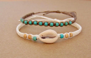 Shell Wood Bead Bracelet Anklet Set: Boho Beach Surfer Style, view 3