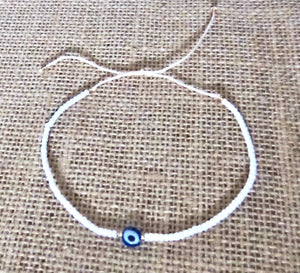Evil Eye Bracelet Anklet White Beaded Adjustable Cord Protection Gift for Her Boho Summer Beach Spiritual Nazar, view 3