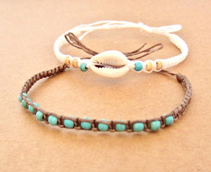 Shell Wood Bead Bracelet Anklet Set: Boho Beach Surfer Style, view 2