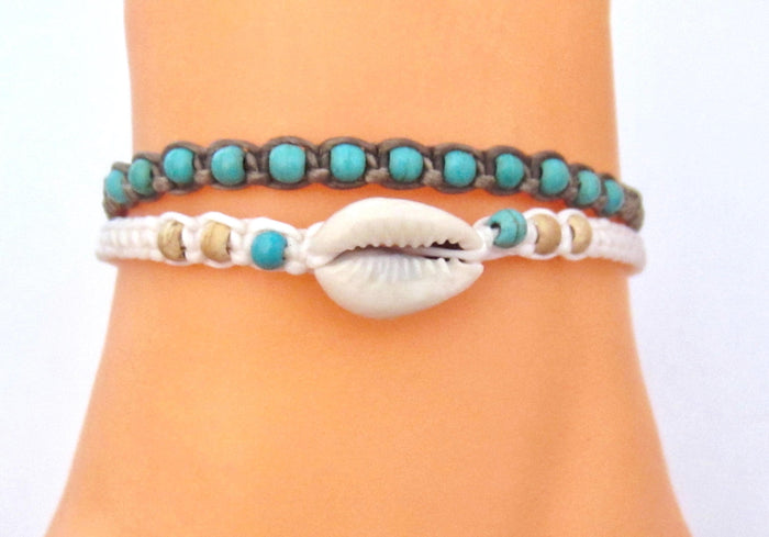 Shell Wood Bead Bracelet Anklet Set: Boho Beach Surfer Style