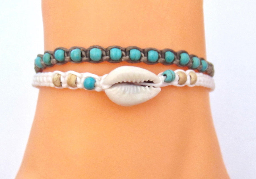 Shell Wood Bead Bracelet Anklet Set: Boho Beach Surfer Style