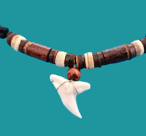 Real Shark Tooth Necklace Charm Pendant Adjustable Cord Brown Wood Beads Surfer Boy Men, view 2