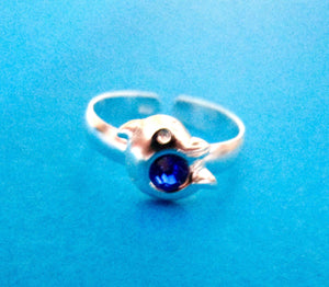 Sterling Silver Toe Ring Adjustable Size Dolphin Blue Stone Midi Pinky Ring Girl Women