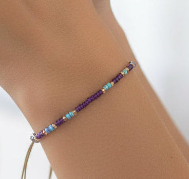 Purple Seed Bead Bracelet Anklet Adjustable Cord Boho Dainty Summer Beach Jewellery Minimalist Gift for Her